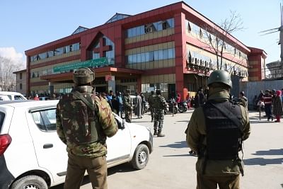 Srinagar: Security beefed up outside S.M.H.S hospital where militants carried out an attack, killing a policeman and escaping with a Pakistani terrorist; in Srinagar on Feb 6, 2018. According to police sources, the militants attacked a police party near the hospital while they were escorting the terrorist for treatment on Tuesday. (Photo: IANS)