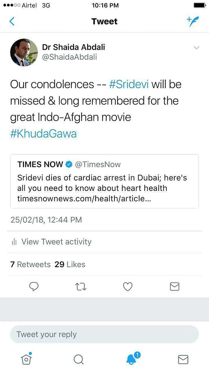 Dr Shaida Abdali, Afghanistan’s Ambassador to India condoles Sridevi's death. 