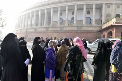 New Delhi: Muslim women at Parliament on Jan 3, 2018. The government on Wednesday tabled the triple talaq bill in the Rajya Sabha amid uproar, with the Congress and other opposition parties demanding that it be referred to a parliamentary panel for detailed consideration. The government has got the Bill passed in the Lok Sabha, ignoring the opposition