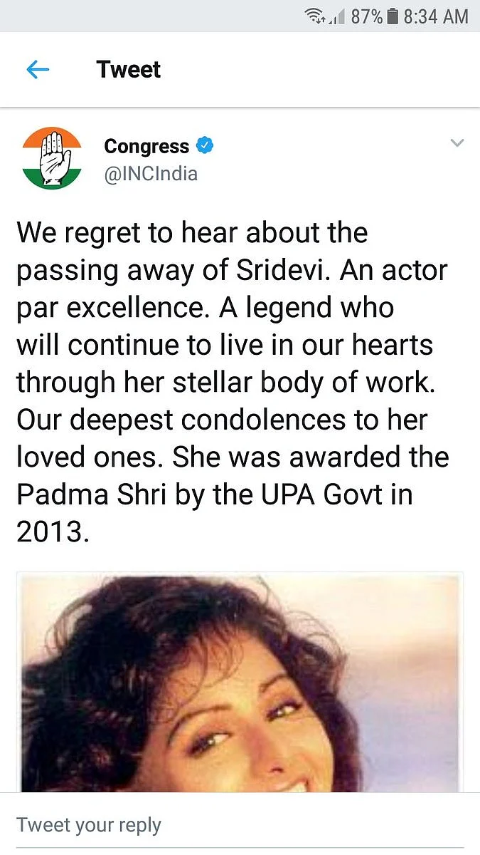 Congress Alters Sridevi Condolence Tweet After Backlash