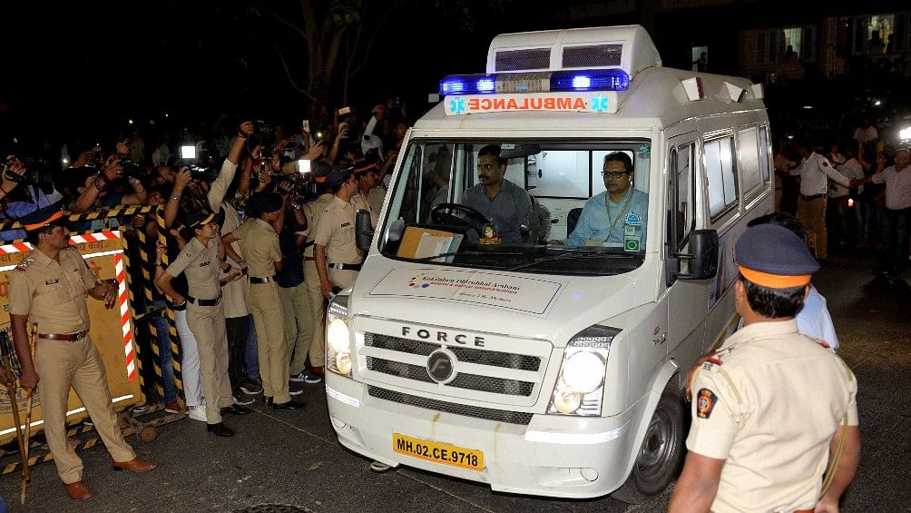 Ambulance carring  mortal remains of actress Sridevi arrives at her residence in Mumbai on Tuesday 27 February.