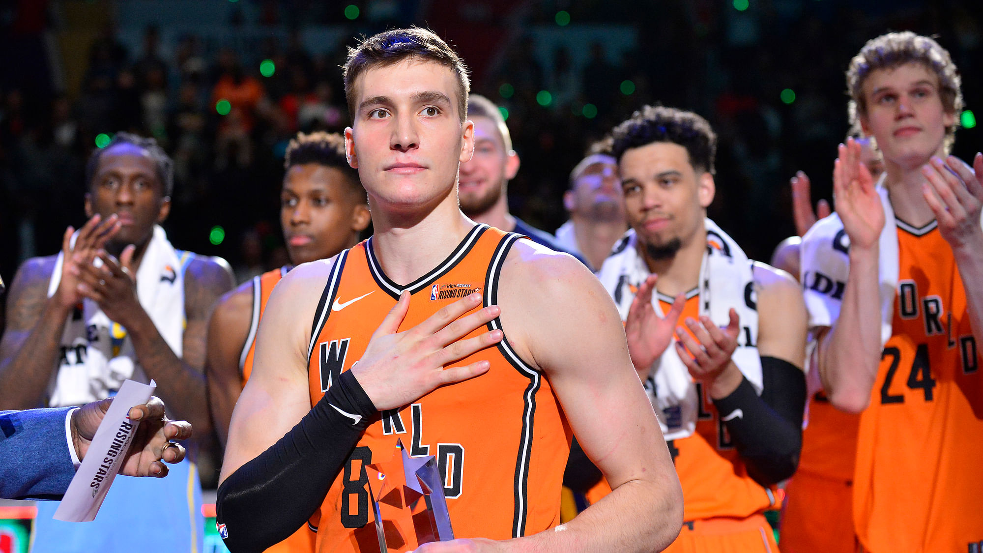 World guard Bogdan Bogdanovic (8) reacts after being named MVP of the Rising Stars Challenge game against USA