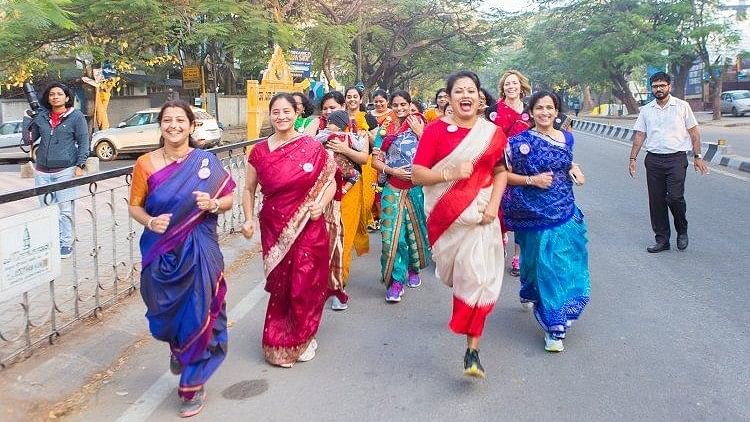 Dressed in sarees, you’d never think that these women were actually there to run a marathon. &nbsp;