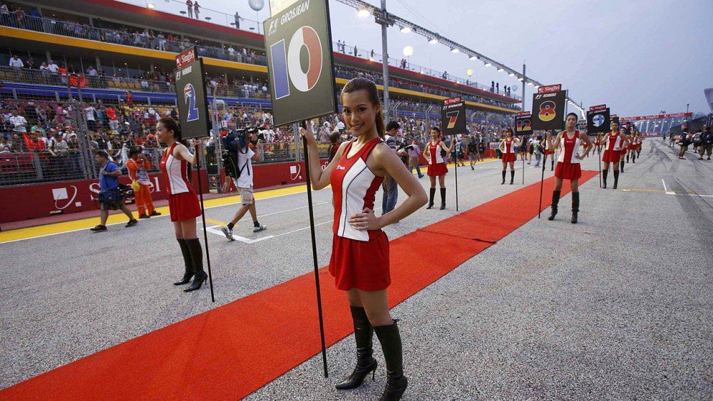Formula One grid girls are seen before the start of the Singapore F1 Grand Prix at the Marina Bay street circuit in Singapore.
