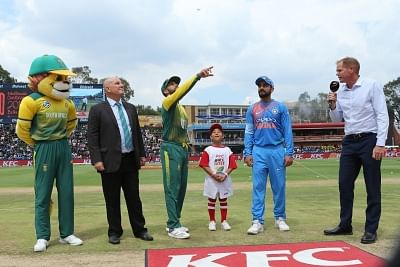 Johannesburg: JP Duminy of South Africa and Virat Kohli of India at the toss during the 1st T20 International match between South Africa and India at the Wanderers Stadium in Johannesburg, South Africa on Feb 18, 2018. (Photo: BCCI/IANS) (Credit Mandatory)