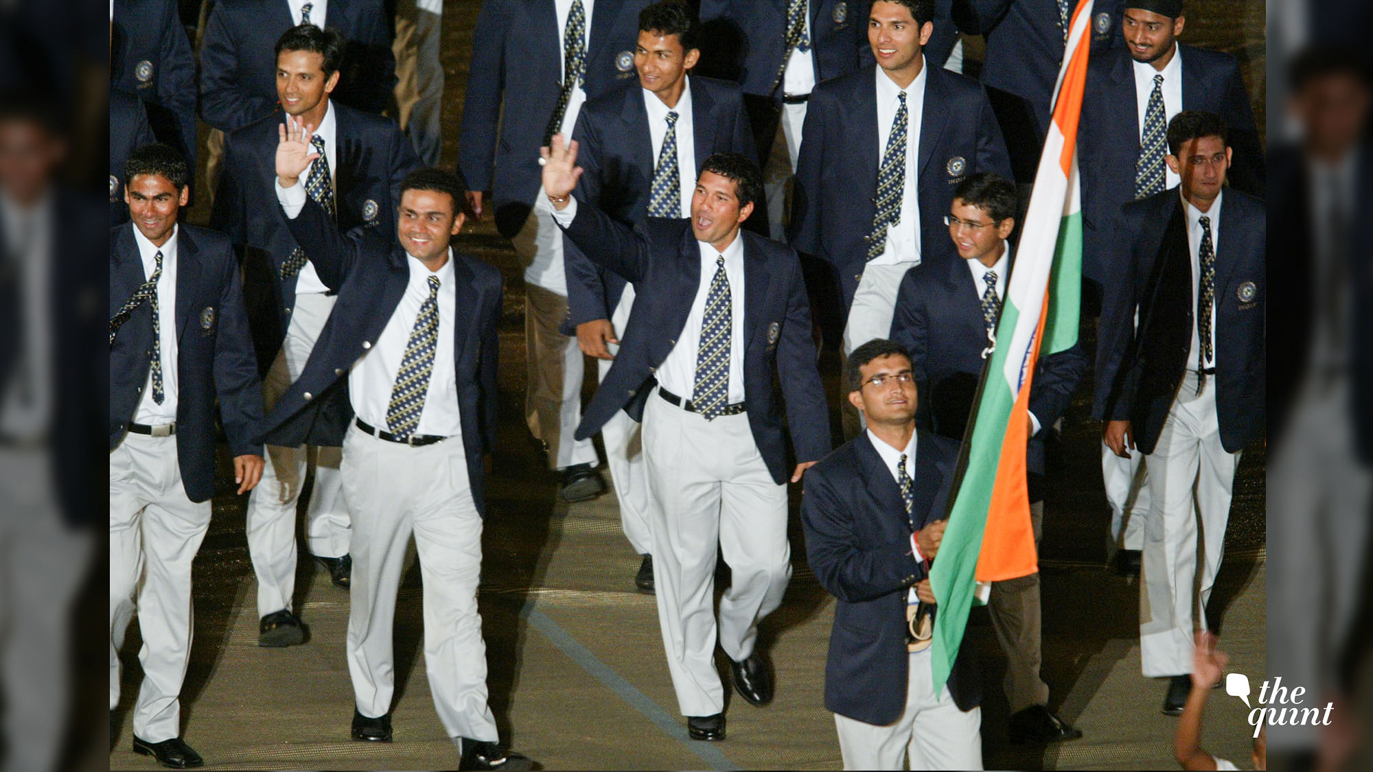 Captain Sourav Ganguly marching with the Indian tricolour during the 2003 World Cup opening ceremony.