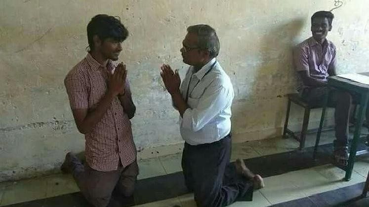 56-year-old headmaster of a Government school in Villupuram, G Balu begs students of the school to attend classes.&nbsp;