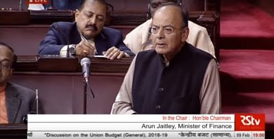 New Delhi: Union Finance and Corporate Affairs Minister Arun Jaitley addresses at the Rajya Sabha in New Delhi on Feb 9, 2018. (Photo: Video Grab/IANS)