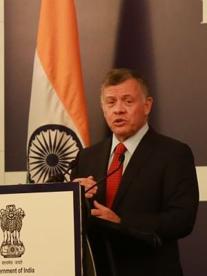 New Delhi: King of Jordan Abdullah II bin Al-Hussein addresses during India Jordan Business Forum in New Delhi on Feb 28, 2018. (Photo: Amlan Paliwal/IANS)