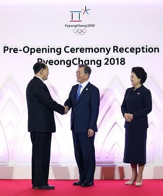PYEONGCHANG, Feb. 9, 2018 (Xinhua) -- Kim Yong Nam (L), the president of the Presidium of the Supreme People