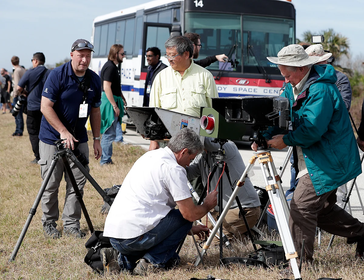 Photographers set up cameras that will fire remotely to record the launch of a Falcon 9 SpaceX on 5 February. 