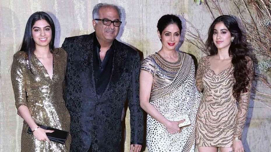 Sridevi with Boney Kapoor and daughters Jhanvi (extreme right) and Khushi.&nbsp;