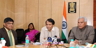 New Delhi: Union Commerce and Industry Minister Suresh Prabhakar Prabhu along with MoS Commerce and Industry C.R. Chaudhary, addresses a press conference on Union Budget, in New Delhi on Feb 8, 2018. (Photo: IANS/PIB)