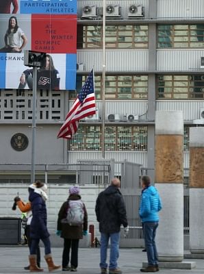 Seoul: The U.S. flag flies at half-staff at the U.S. Embassy in Seoul on Feb. 16, 2018, to mourn the victims of a high school shooting in Florida that left 17 people dead. (Yonhap/IANS)