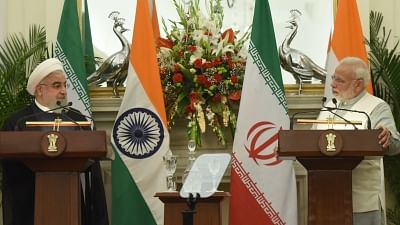 New Delhi: Prime Minister Narendra Modi and Iranian President Hassan Rouhani during joint press briefing at Hyderabad House, in New Delhi on Feb 17, 2018. (Photo: IANS/PIB)