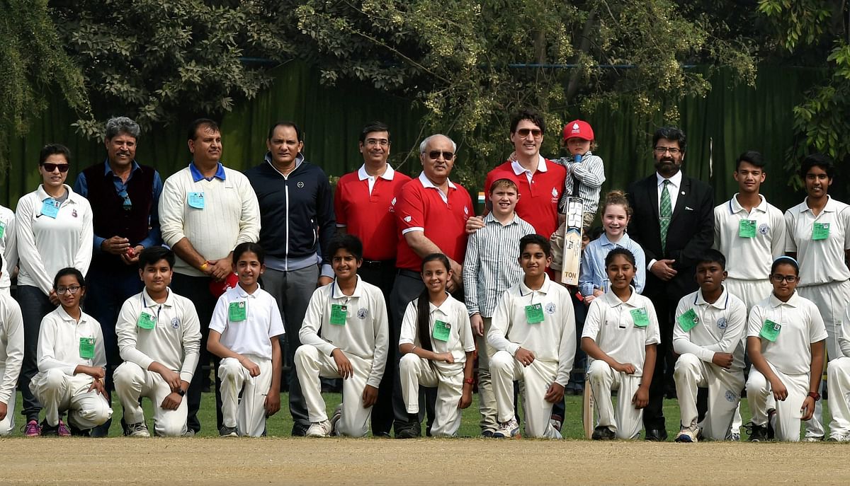 Canadian Prime Minister Justin Trudeau and his family played cricket with the former India captains in New Delhi.