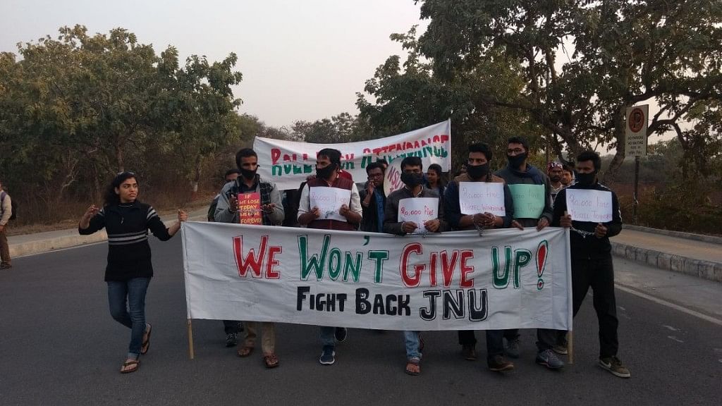 JNU students protesting the compulsory attendance rule.
