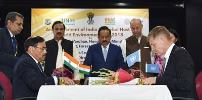 New Delhi: Under Secretary General of United Nations and Executive Director of UN Environment, Erik Solheim and Ministry of Environment, Forest and Climate Change Secretary, C.K. Mishra sign a Letter of Intent on hosting of World Environment Day 2018, in the presence of the Union Science and Technology Minister Harsh Vardhan and Union MoS Culture and Environment, Forest and Climate Change, Mahesh Sharma in New Delhi on Feb 19, 2018. (Photo: IANS/PIB)
