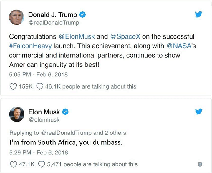 The fake image appeared after Trump posted a tweet congratulating Elon Musk for the Falcon Heavy launch. 