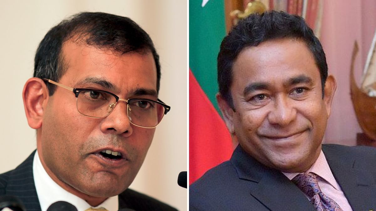 Former Maldivian President Mohamed Nasheed (L) and President Abdul Yameen (R).