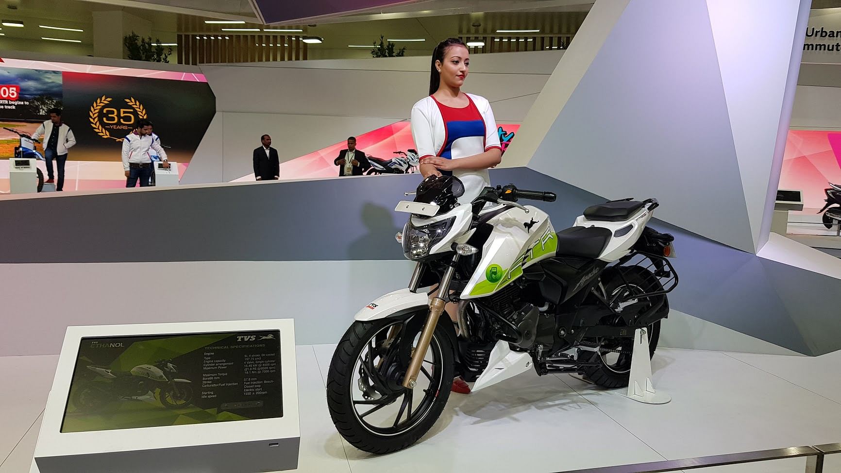 TVS showcased an ethanol-powered Apache 200 at the Auto Expo.