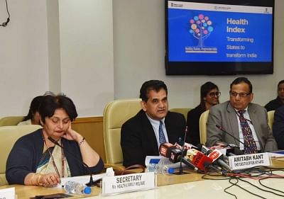 New Delhi: NITI Aayog CEO Amitabh Kant addresses a press conference after releasing the "Healthy States, Progressive India" Report in New Delhi on Feb 9, 2018. Also seen Ministry of Health & Family Welfare Secretary Preeti Sudan. (Photo: IANS/PIB)