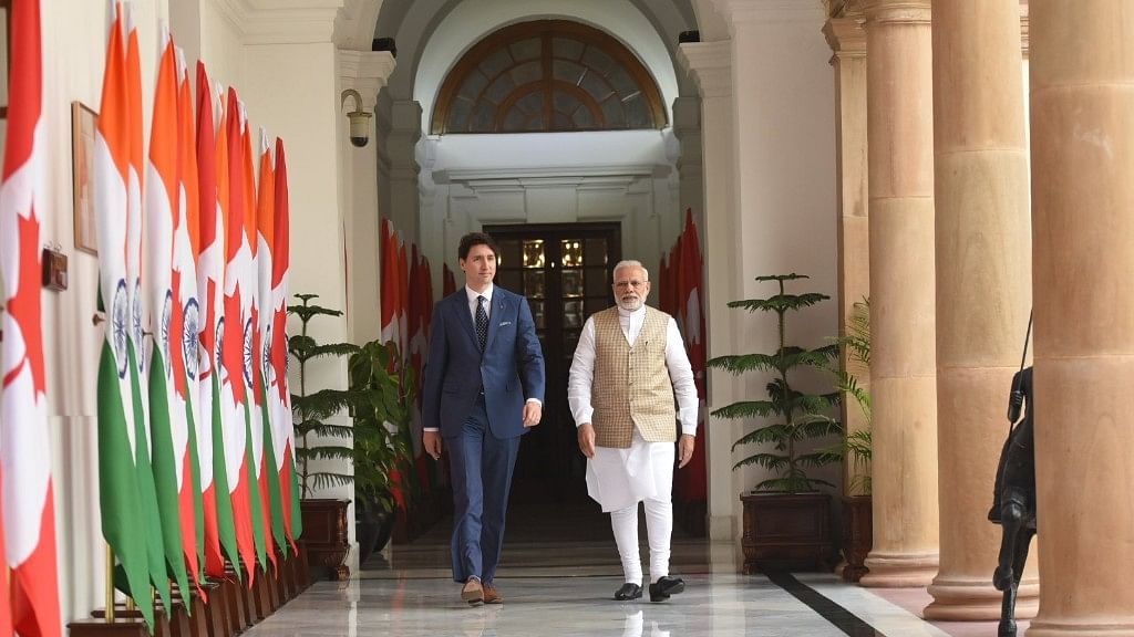 Justin Trudeau and Narendra Modi at the Hyderabad house in New Delhi.