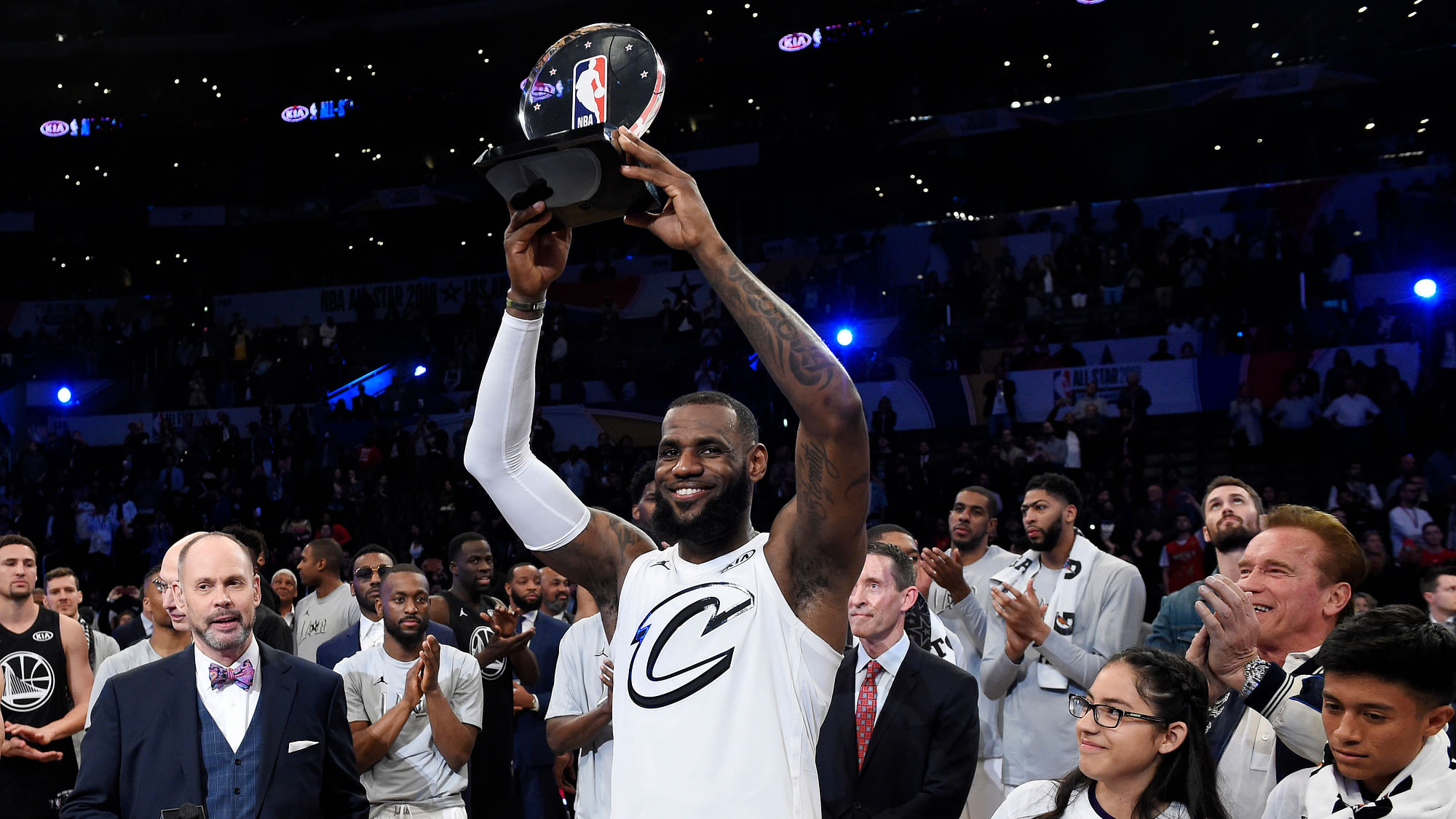Team LeBron’s LeBron James, of the Cleveland Cavaliers, holds the MVP trophy after his team defeated Team Stephen at the NBA All-Star basketball game, Sunday, Feb. 18, 2018, in Los Angeles. Team LeBron won 148-145.&nbsp;
