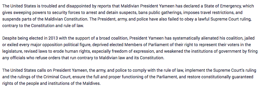 On late Monday evening, Maldivian President Yameen declared a state of emergency.