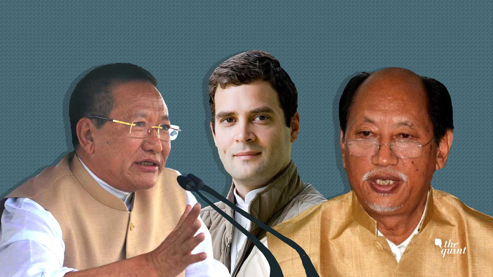 Incumbent Chief Minister of Nagaland TR Zeliang, Congress President Rahul Gandhi, and NDPP founder Neiphiu Rio.