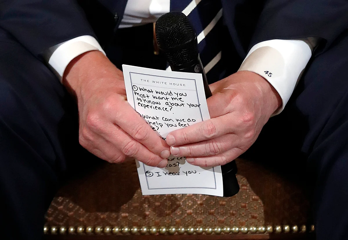 President Donald Trump holds notes during a listening session with high school students and teachers in the State Dining Room of the White House in Washington, Wednesday, 21 February 2018.