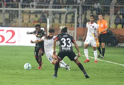 Margao: Players in action during an ISL match between ATK and FC Goa at Pt Jawaharlal Nehru Stadium in Fatodra, Margao of Goa, on Feb 28, 2018. (Photo: IANS)