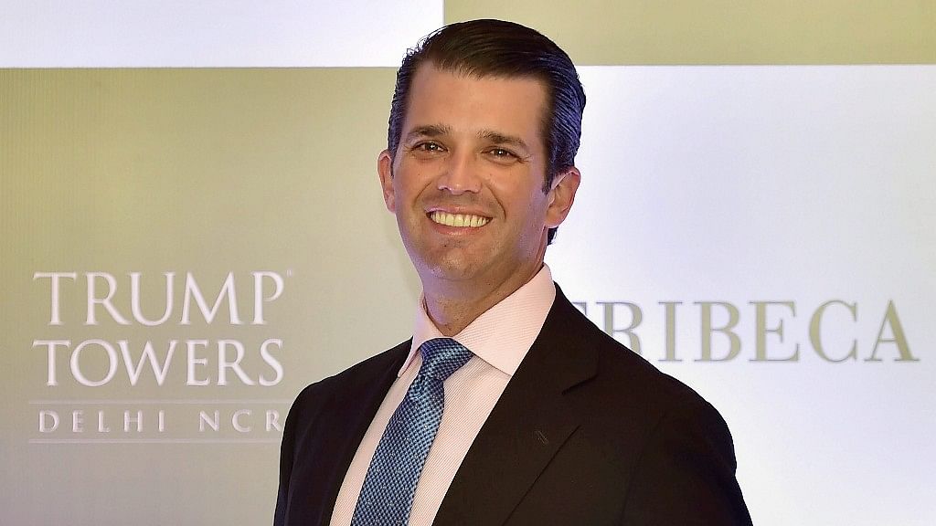 US President Donald Trumps son Donald Trump Jr poses for a photograph before a media event in New Delhi, on Tuesday.