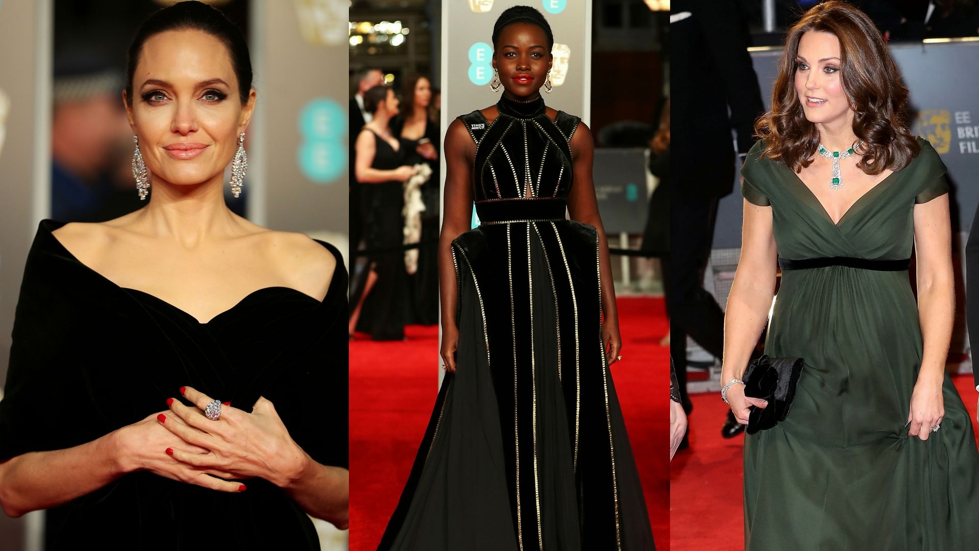Angelina Jolie, Lupita  Nyong’o and Kate Middleton on the Bafta 2018 red carpet.&nbsp;