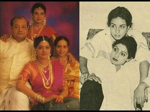 Sridevi with her parents and sister (L); Sridevi with her sister Srilatha (R).