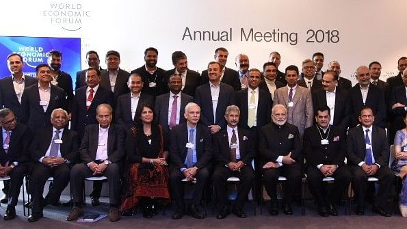 Nirav Modi, fourth from the left in the second row,  in a picture of the Indian delegation led by  PM Modi in Davos.