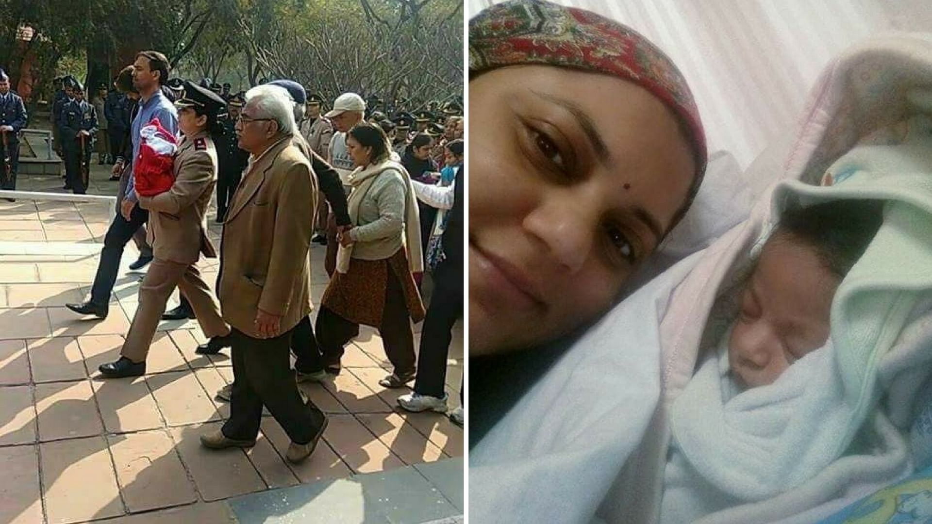 An image of the army officer, walking with her baby in her arms, to pay her last tributes to her husband is doing the rounds on social media.