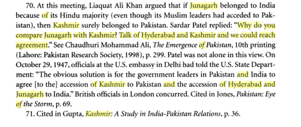 Historians were quick to point out that Sardar Patel had offered Kashmir to Pakistan in return for Hyderabad.