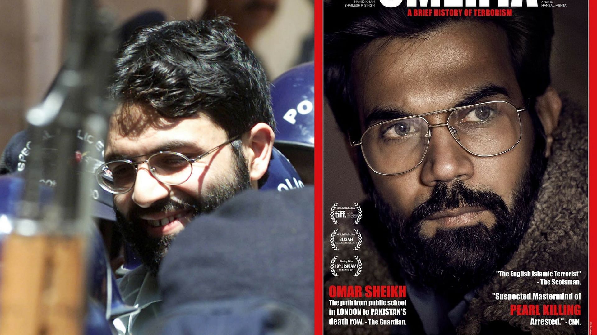 Real Vs Reel: Rajkummar Rao (right) plays Ahmed Omar Saeed Sheikh in <i>Omerta</i>.