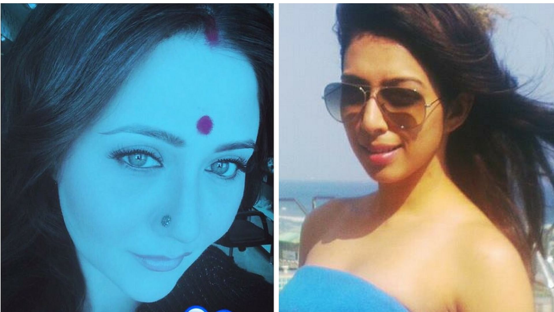 A blue-coloured selfie of Swastika Mukherjee and picture of late actor Sonika Chauhan.