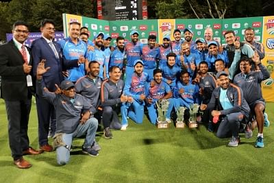 Cape Town: Team India pose with the trophy after winning the T20I series 3-1 against South Africa during post match presentation ceremony at the Newlands Cricket Ground in Cape Town, South Africa on Feb 24, 2018. (Photo: BCCI/IANS) (Credit Mandatory)