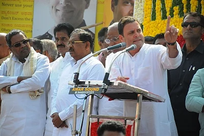 Kushtagi: Congress President Rahul Gandhi addresses during the third day of
