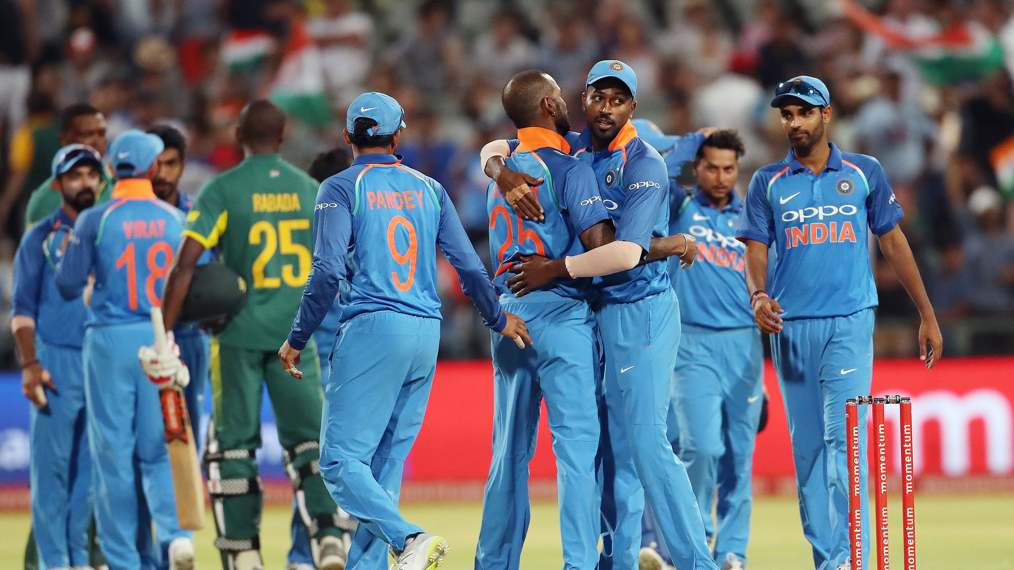 India celebrate the win during the 3rd One Day International match between South Africa and India held at the Newlands Cricket Ground in Cape Town, South Africa on the 7th February 2018