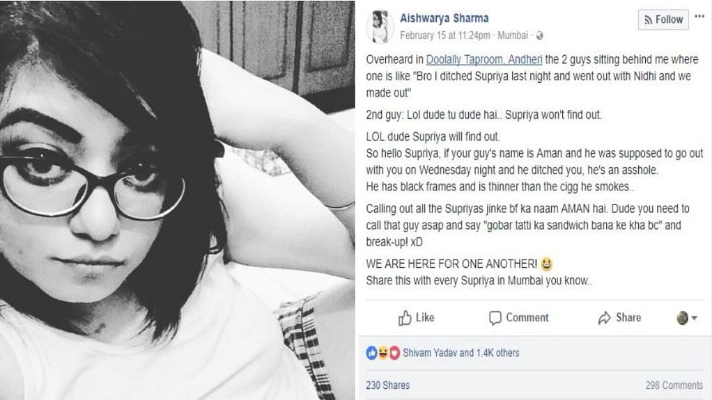 Profile picture of Aishwarya Sharma and a screenshot of her post about Supriya.