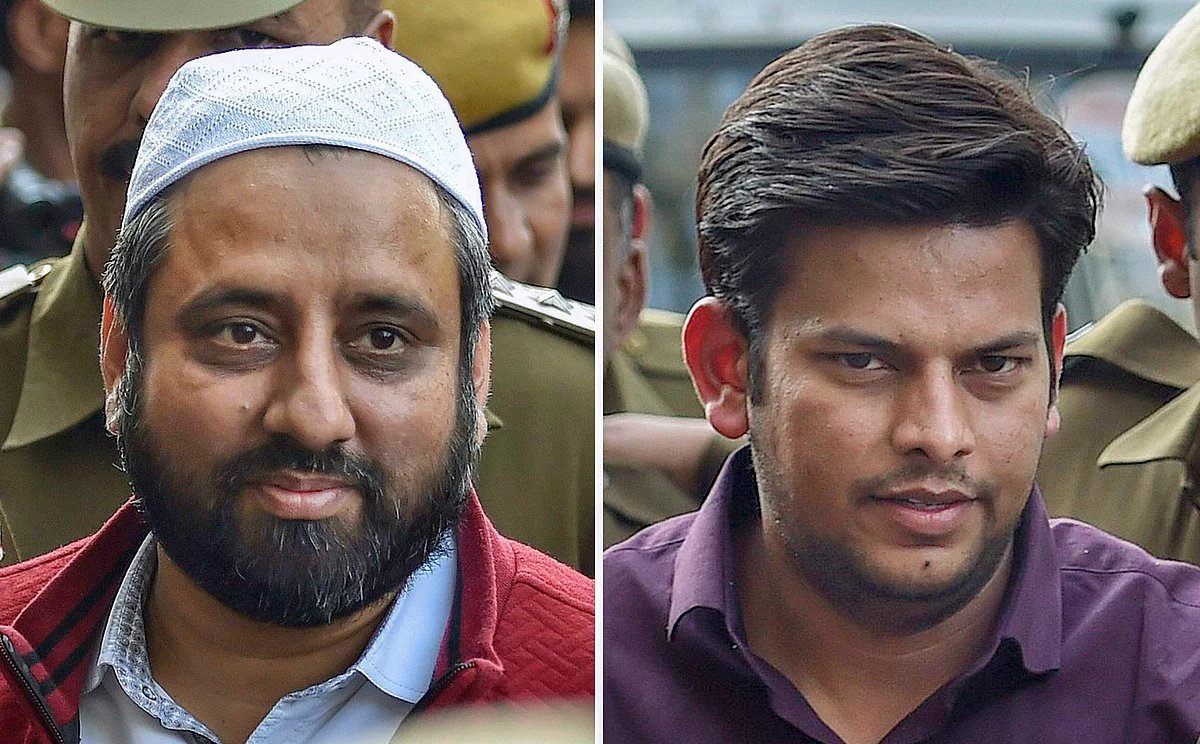 AAP MLAs Amanatullah Khan and Prakash Jarwal were produced at Tees Hazari Court in the Delhi Chief Secretary alleged assault case on 21 February.