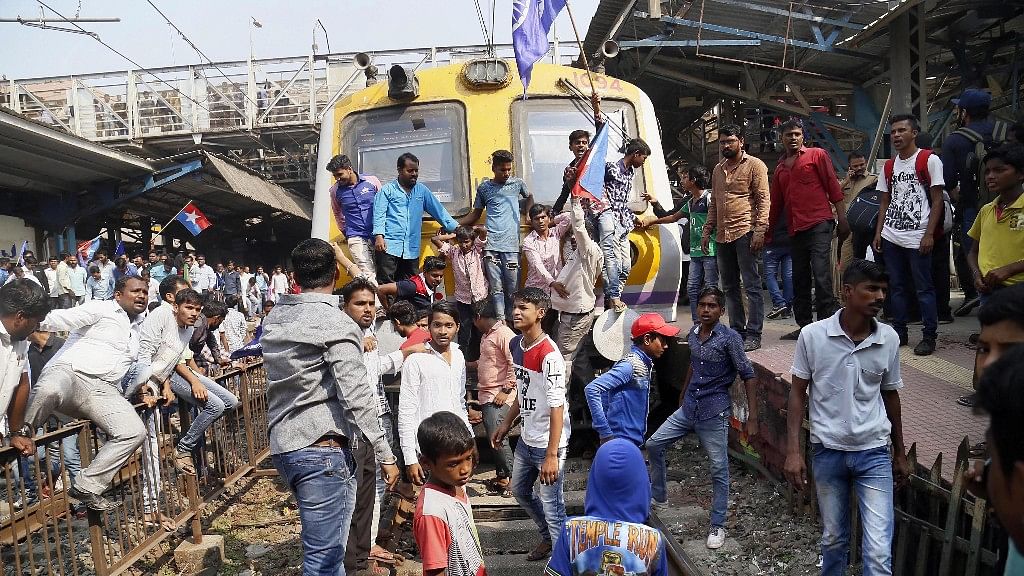 Dalit groups protesting at Thane railway station during the Maharashtra Bandh following clashes between two groups in Bhima Koregaon near Pune.