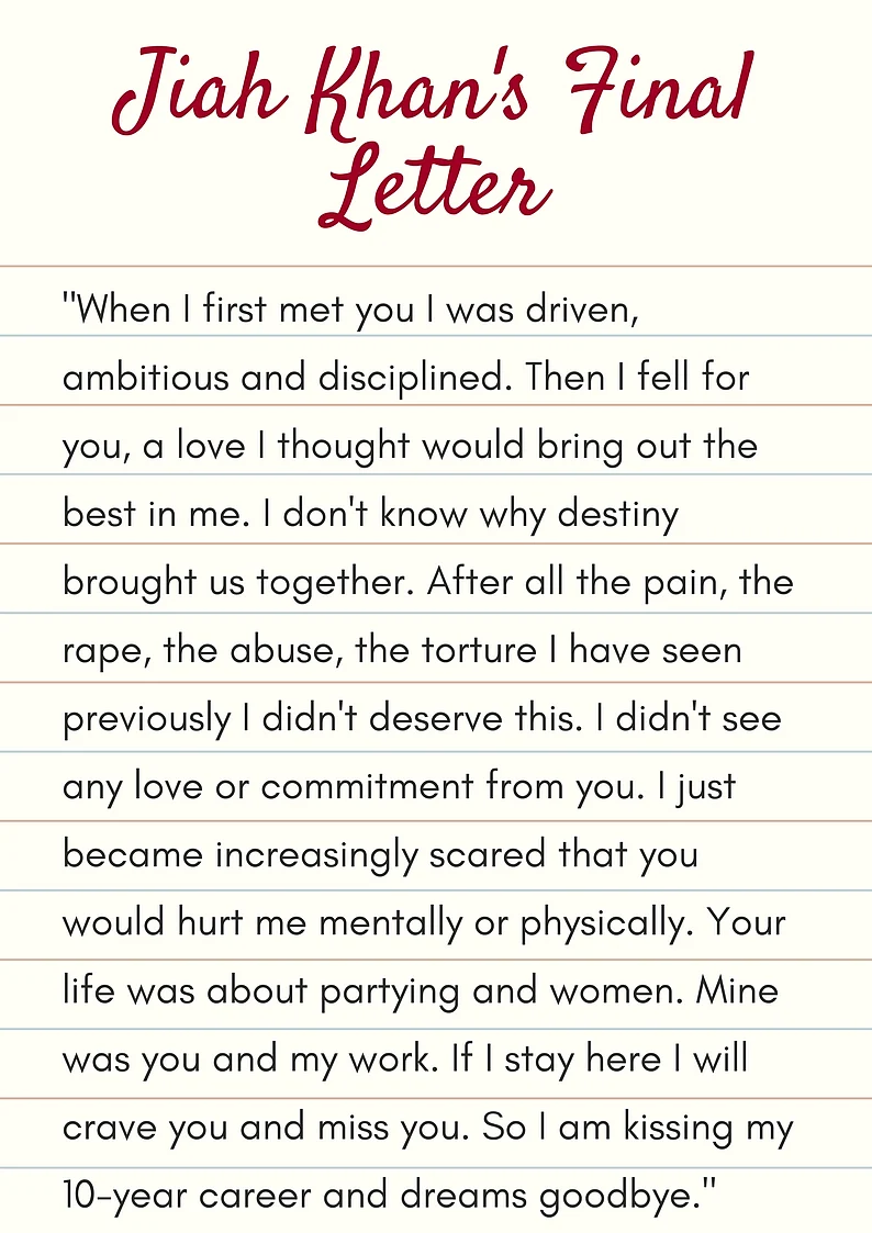 An excerpt from Jiah Khan’s final letter found four days after she passed away. 
