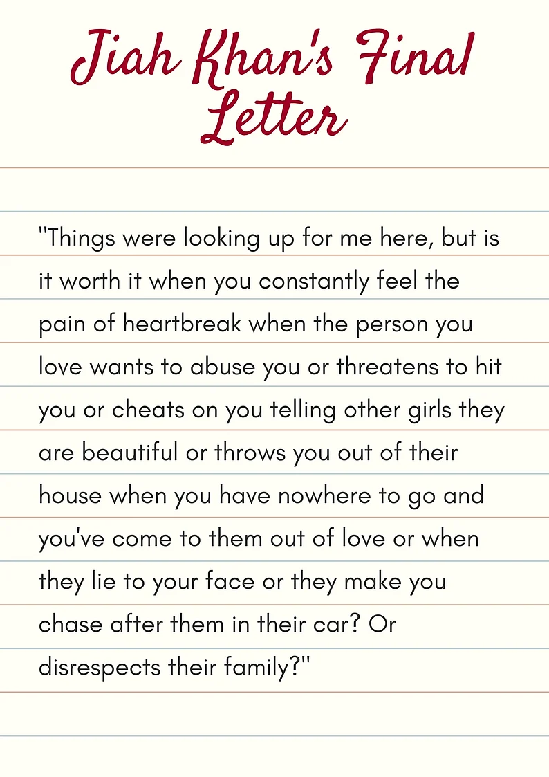 An excerpt from Jiah Khan’s final letter found four days after she passed away. 