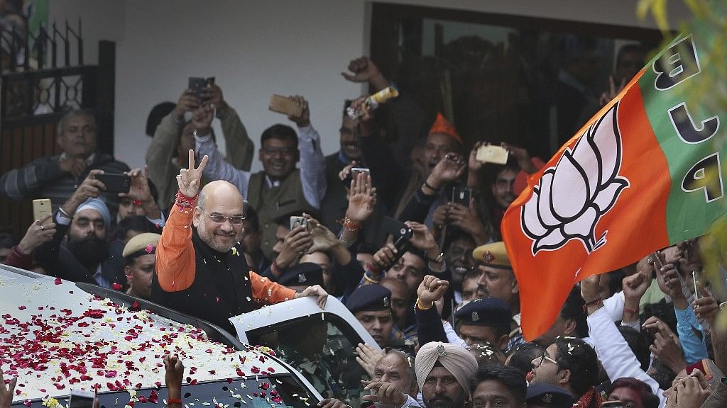 Amit Shah addresses the media at the BJP headquarters in New Delhi following his party’s spectacular performance in the Assembly elections of Tripura, Nagaland and Meghalaya. &nbsp;