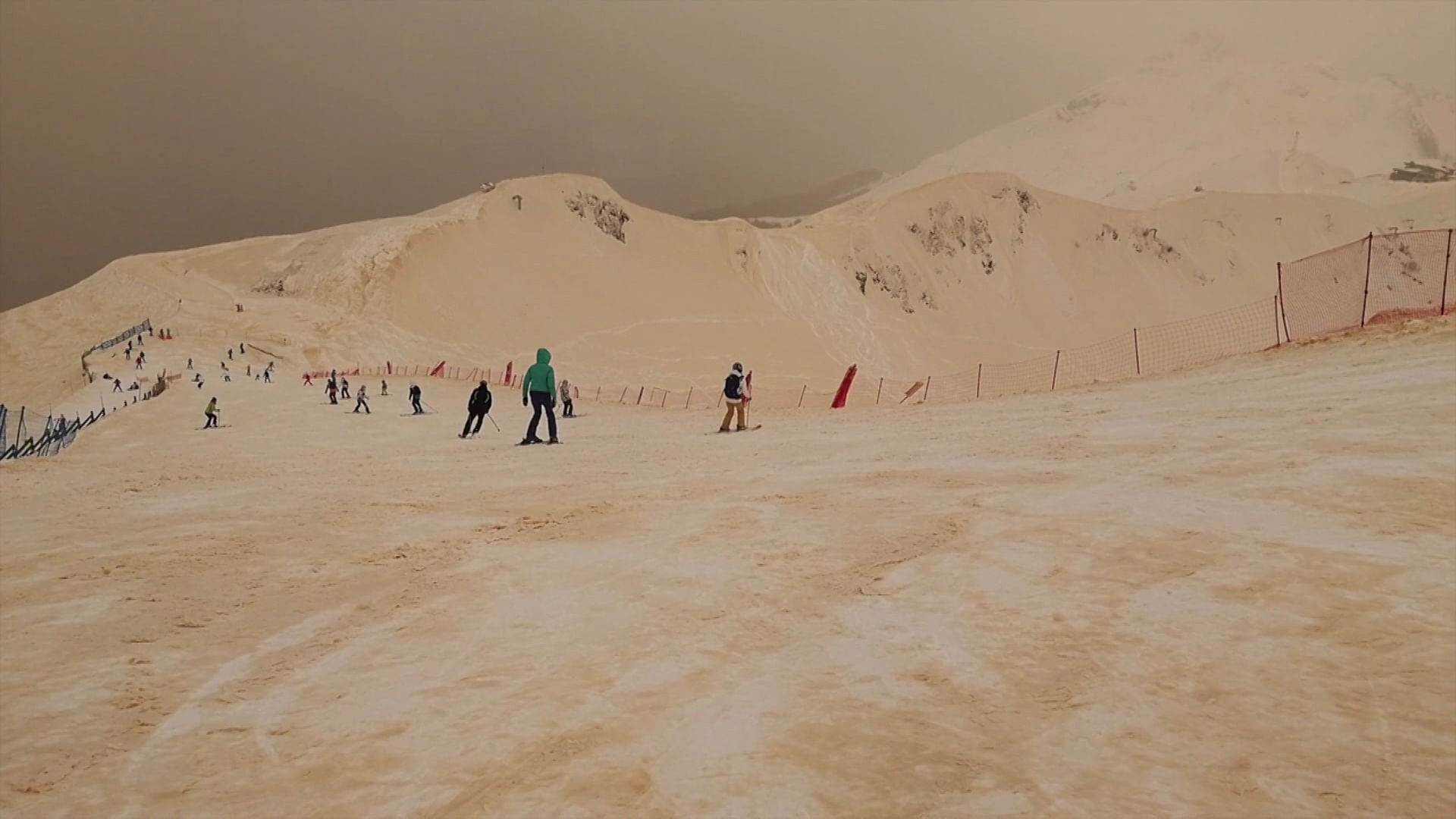 Skiers in Russia were in for a surprise when they saw their usual white slopes turn orange.